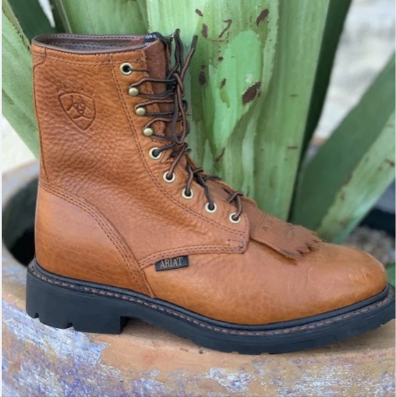 Ariat Men's Cascade 8 cognac brown soft toe leather lace up work boot EUC sz 11 - Picture 1 of 10